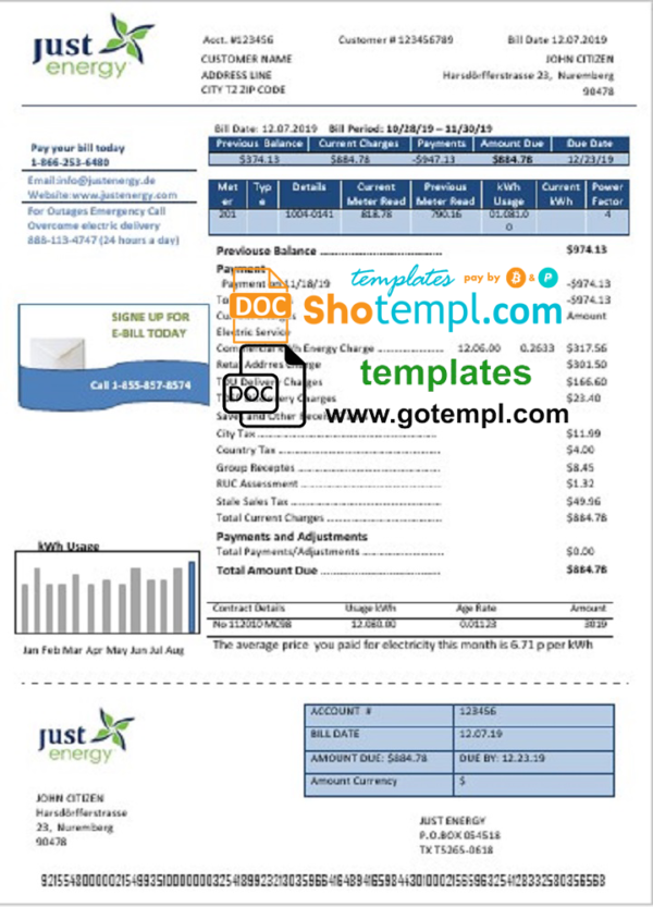 Germany Just Energy utility bill template in Word and PDF format (.doc and .pdf)