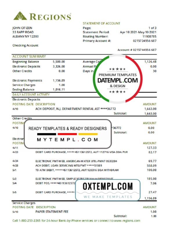 USA Regions bank statement template in .xls and .pdf file format