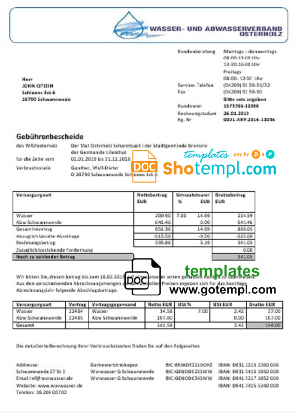 Germany Wavwasser utility bill template in Word and PDF format