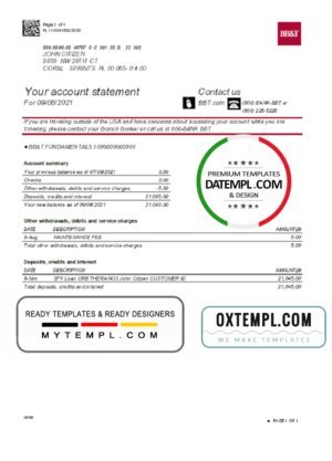 USA North Carolina BB&T Corp. bank account statement template in Word and PDF format