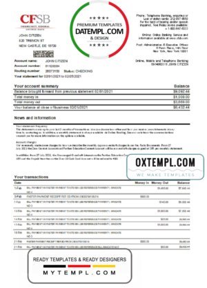 USA New York CFSB bank statement template in Excel and PDF format