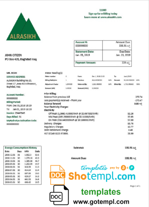 Iraq AlRasikh electricity utility bill template in Word and PDF format