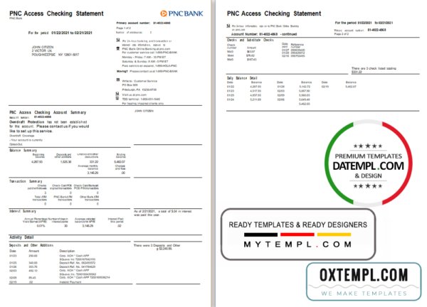 USA PNC bank statement template in Word and PDF format, 2 pages