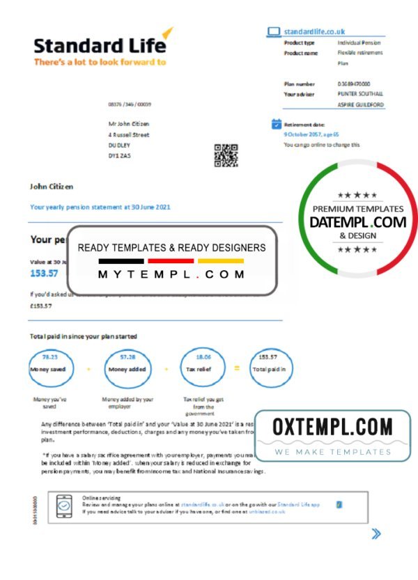 United Kingdom Standard Life proof of address pension statement in Excel and PDF (.xls and .pdf) format