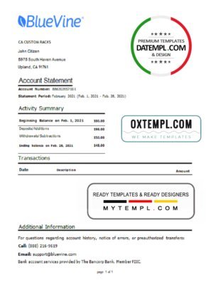USA California BlueVine bank statement template in Word and PDF format, .doc and .pdf format