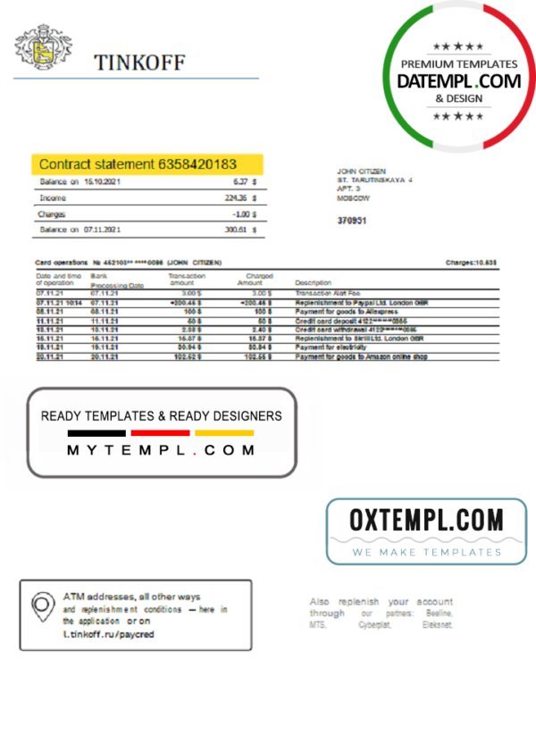 Russia Tinkoff bank proof of address statement (English version) template in Word and PDF format