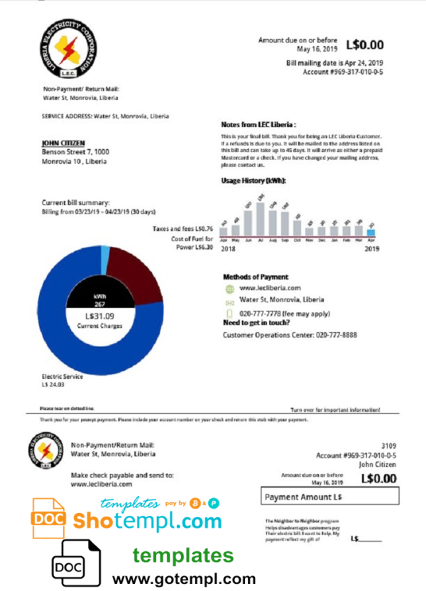 Liberia Electricity Corporation utility bill template in Word and PDF format