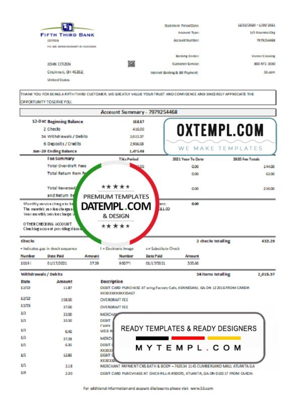 USA Fifth Third Bank statement easy to fill template in .xls and .pdf file format