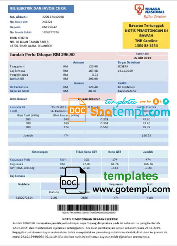 Malaysia Tenaga Nasional electricity utility bill template in Word and PDF format