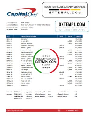 USA Capital One bank statement easy to fill template in Excel and PDF format