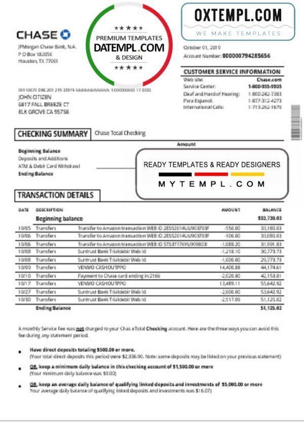 USA Chase account statement template in Word and PDF format, good for address prove