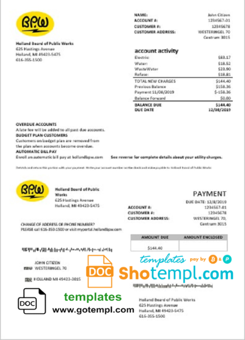 Netherlands BPW utility bill template in Word and PDF format