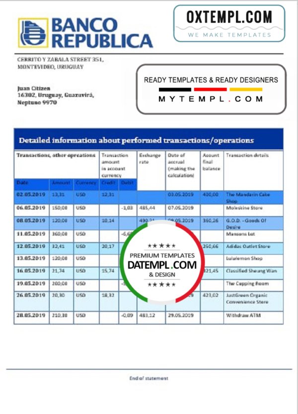 Uruguay Banco de la República Oriental del Uruguay bank statement template in Word and PDF format, good for address prove