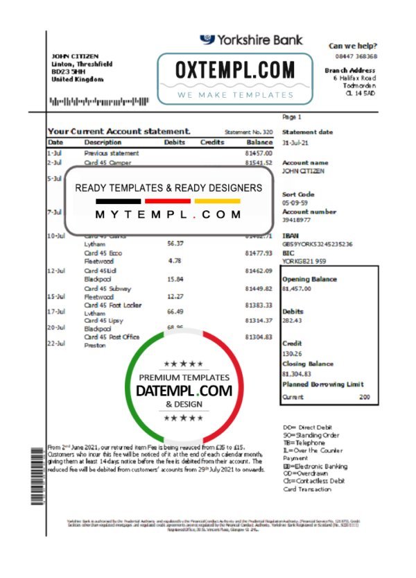 United Kingdom Yorkshire bank statement easy to fill template in Excel and PDF format