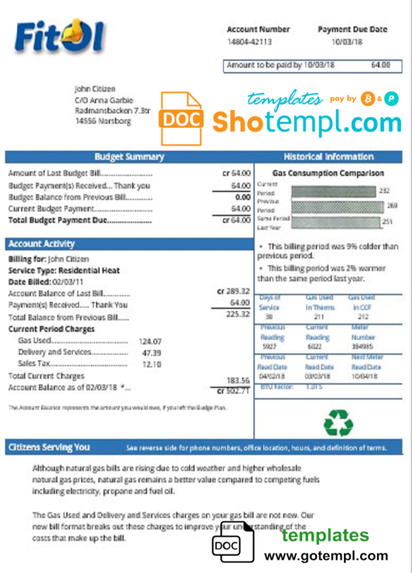 Sweden Fitol gas utility bill template in Word and PDF format