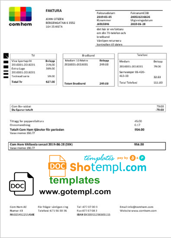 Sweden Com Hem utility bill template in Word and PDF format