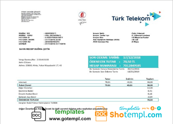 Turkey Turktelekom utility bill template in Word and PDF format, fully editable