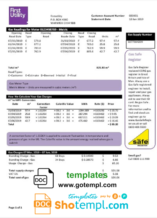 United Kingdom Warwick First Utility bill template in Word and PDF format