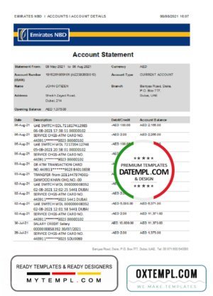 UAE Dubai Emirates NBD bank statement easy to fill template in Excel and PDF format