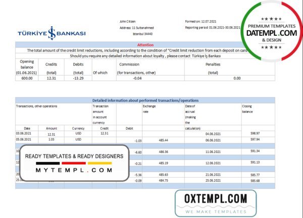 Turkey Bankasi Bank statement easy to fill template in .xls and .pdf format