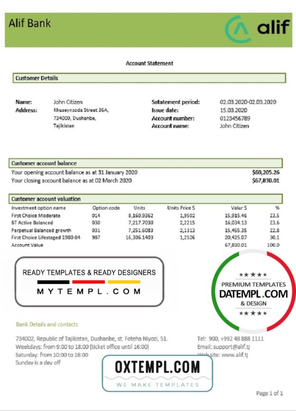 Tajikistan Alif Bank statement template, Word and PDF format (.doc and .pdf)