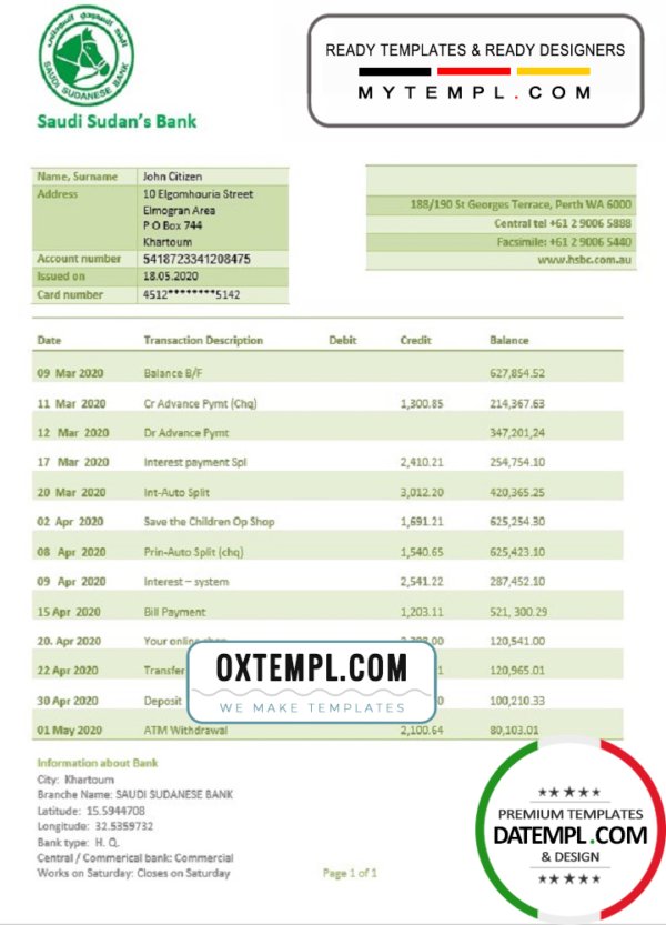 Sudan Saudi Sudanese Bank proof of address statement template in Word and PDF format