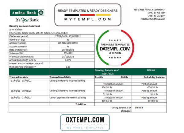 Sri Lanka Amana Bank statement easy to fill template in Excel and PDF format