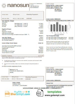 Czech Republic Nanosun s.r.o utility bill template in Word and PDF format