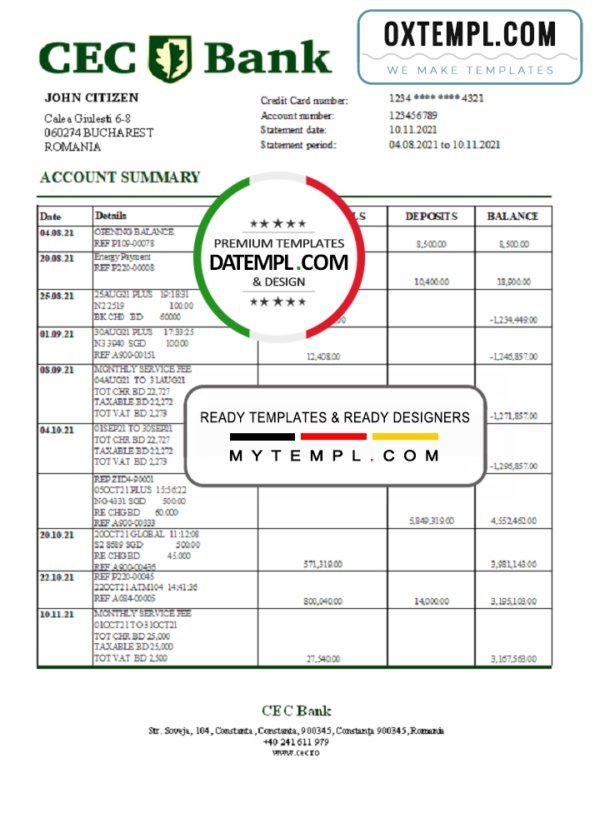 Romania CEC Bank statement easy to fill template in Excel and PDF format