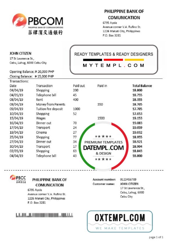 Philippines Bank of Communications proof of address bank statement template in Word and PDF format