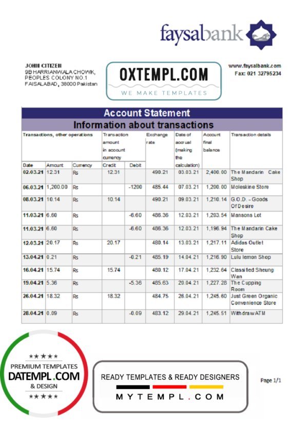 Pakistan Faysal Bank statement easy to fill template in .xls and .pdf file format