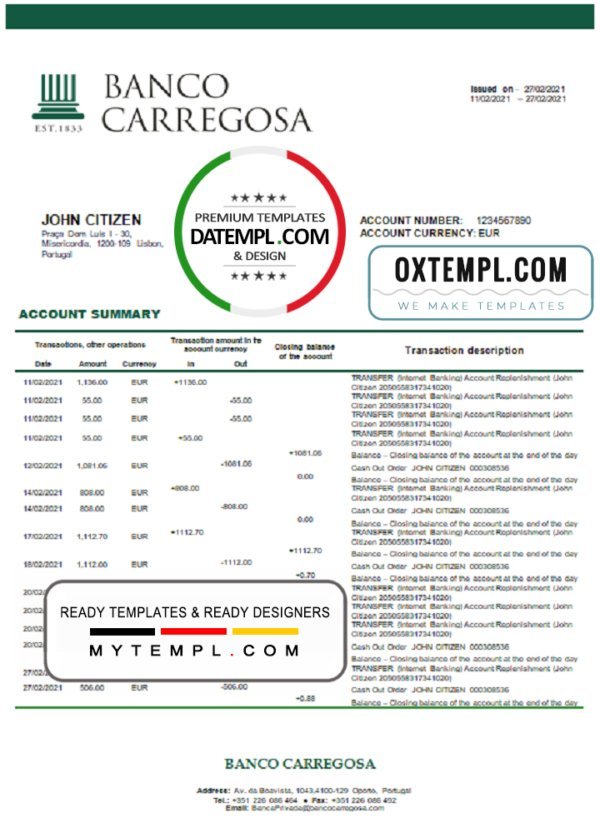 Portugal Banco Carregosa bank statement in Word and PDF format