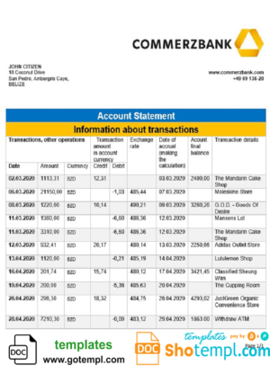 Belize Commerzbank bank statement template in Word and PDF format, good for address prove