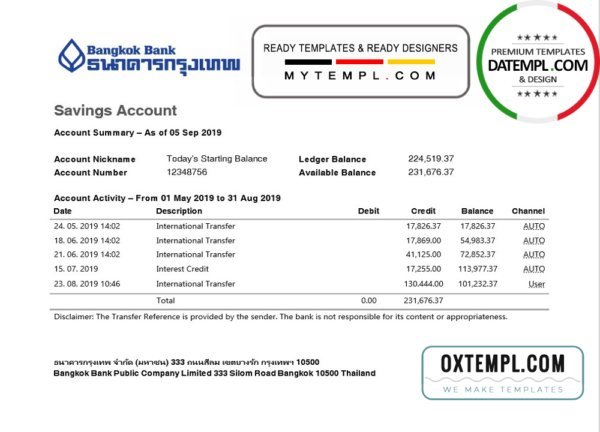 Thailand Bangkok Bank Savings Account statement template in Word and PDF format