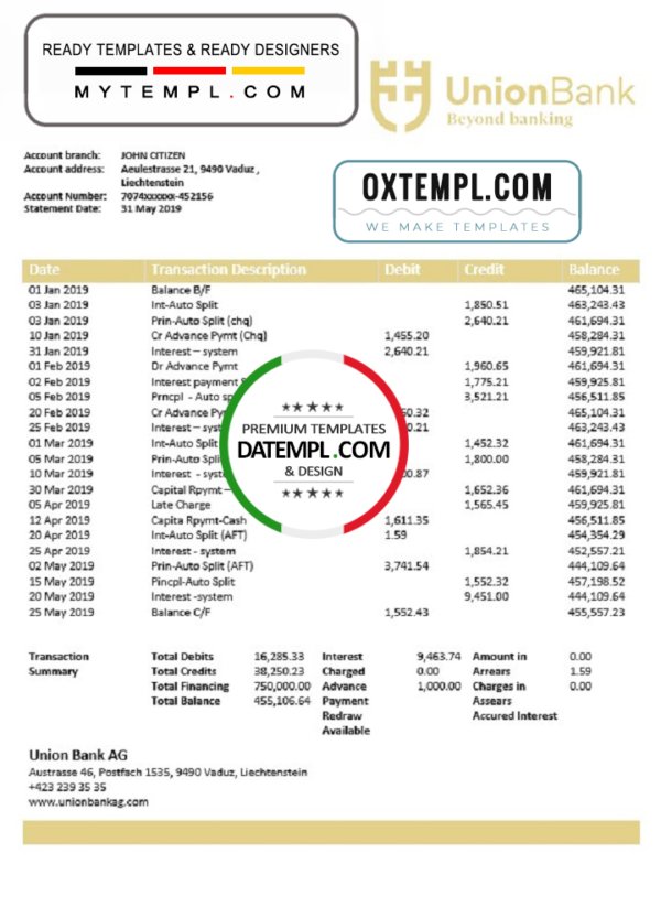 Liechtenstein Union Bank AG statement template in Word and PDF format