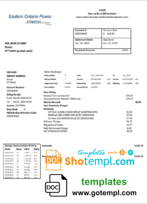 USA Utah Rocky Mountain Power electricity utility bill template in Word and PDF format
