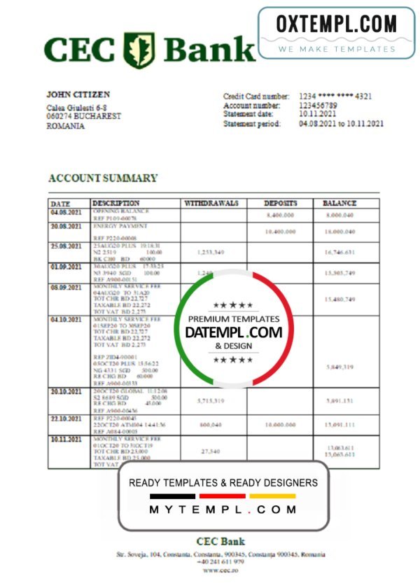 Romania CEC Bank statement template in Word and PDF format