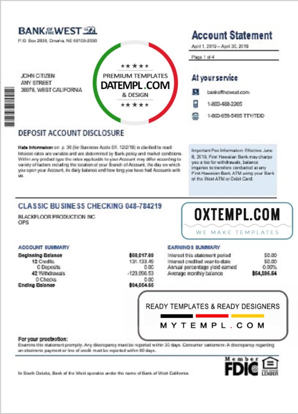 USA Bank of the West bank statement template in Word and PDF format