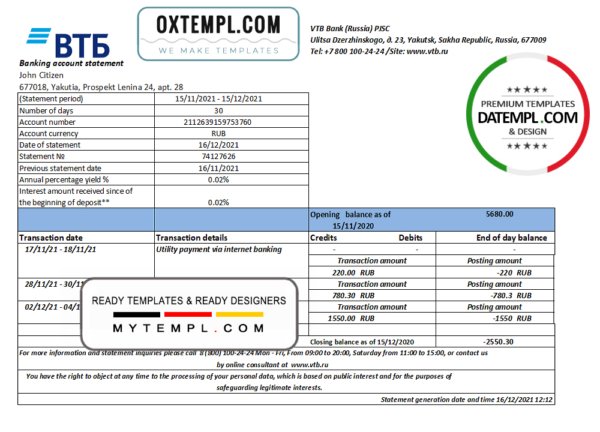 Russia VTB bank proof of address statement template in Word and PDF format