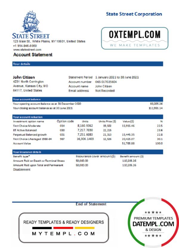 USA State Street Corporation bank statement template in Word and PDF format