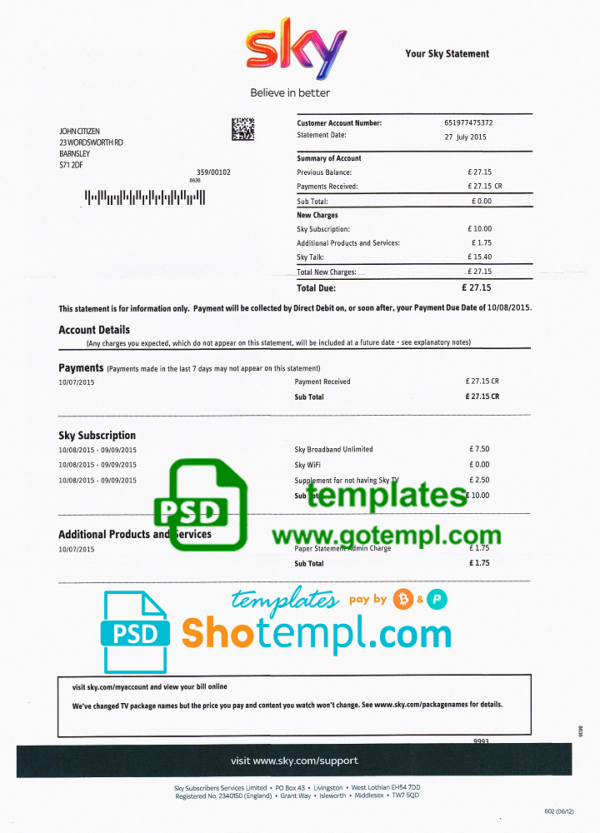 United Kingdom Sky utility bill template, fully editable in PSD format