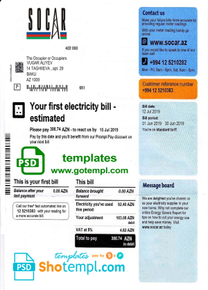 Azerbaijan Socar electricity utility bill template, fully editable in PSD format