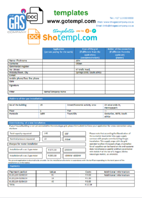 South Africa The GAS Company gas utility bill template in Word and PDF format