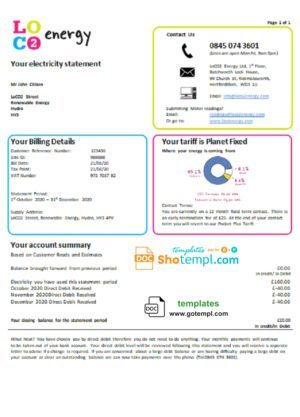 United Kingdom LoCO2 Energy utility bill template in Word and PDF format