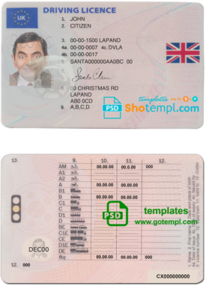 United Kingdom driving license  template in PSD Format, January 2021 – December 2021