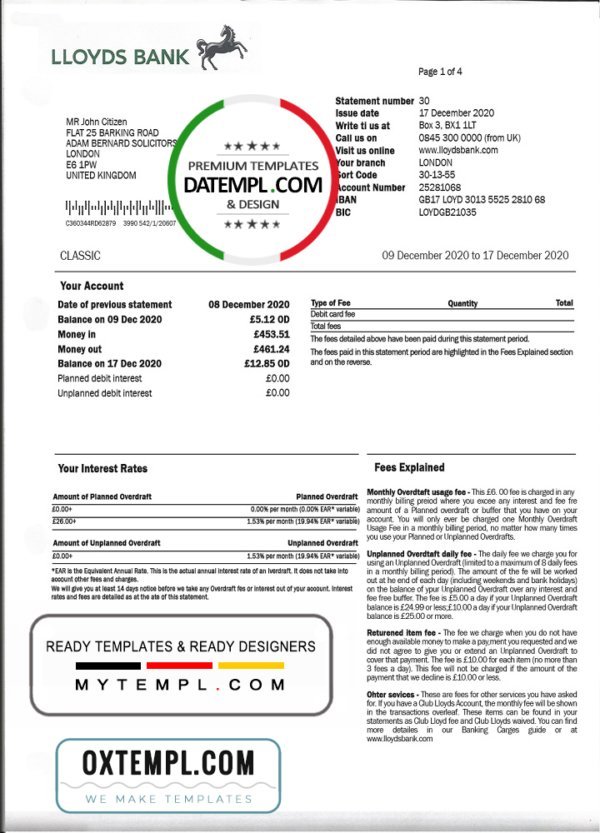 United Kingdom Lloyds bank proof of address statement template, fully editable in PSD format