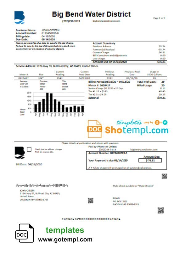 USA Nevada Big Bend Water District utility bill template in Word and PDF format