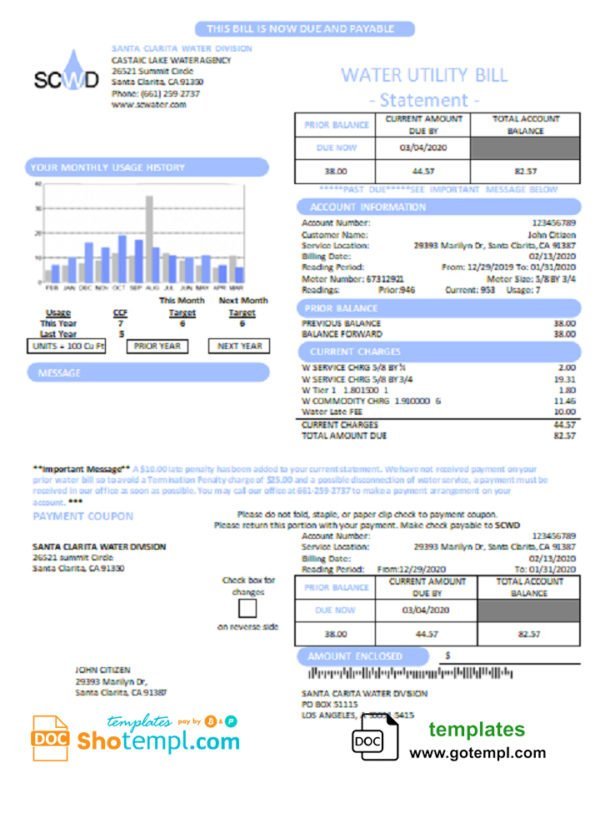 USA California Santa Clarita Water Division (SCWD) utility bill template in Word and PDF format