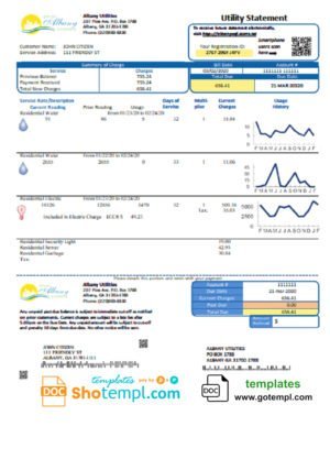 USA GEORGIA City of Albany water and electricity utility bill template in Word and PDF format
