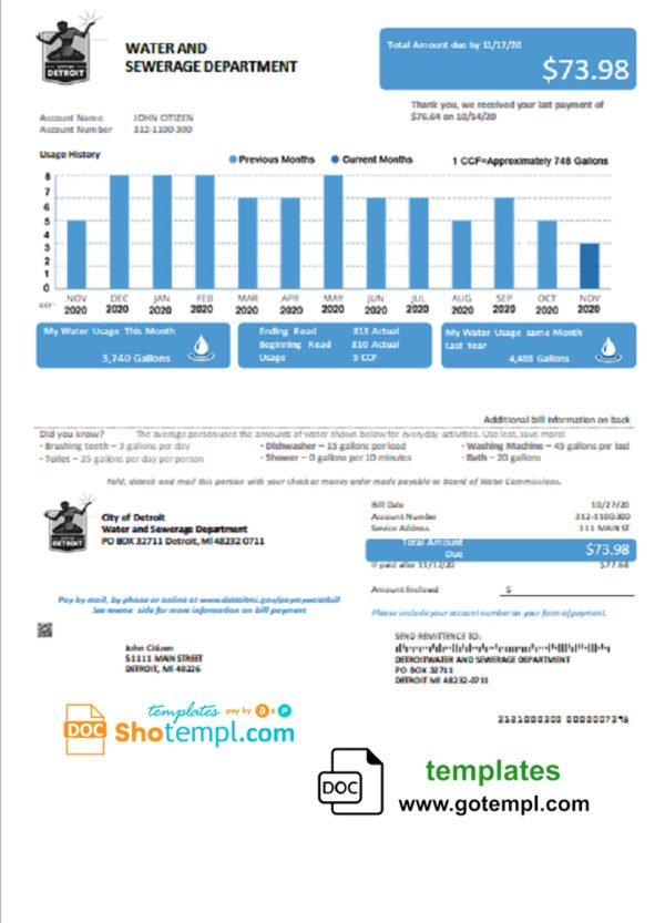 USA Ohio City of Detroit water utility bill template in Word and PDF format